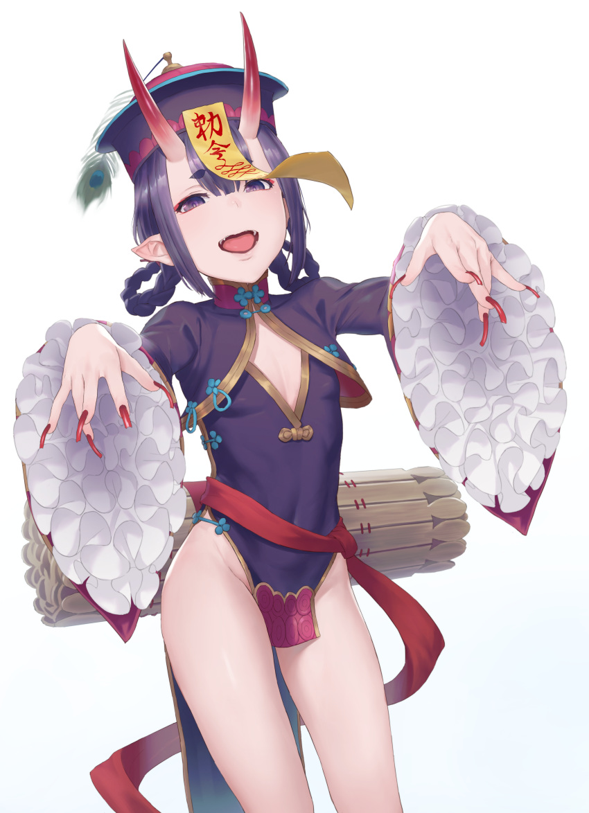 absurdres braid breasts chinese_clothes cleavage_cutout commentary covered_navel eyebrows_visible_through_hair fate/grand_order fate_(series) fingernails grey_background hair_rings hat heroic_spirit_festival_outfit highres hikimayu horns jiangshi jiangshi_costume long_fingernails long_sleeves looking_at_viewer nail_polish ofuda oishiimelon oni_horns open_mouth outstretched_arms pelvic_curtain pointy_ears purple_hair red_nails sharp_teeth short_hair shuten_douji_(fate/grand_order) shuten_douji_(halloween_caster)_(fate) simple_background skin-covered_horns small_breasts teeth thick_eyebrows thighs tongue violet_eyes wide_sleeves zombie_pose