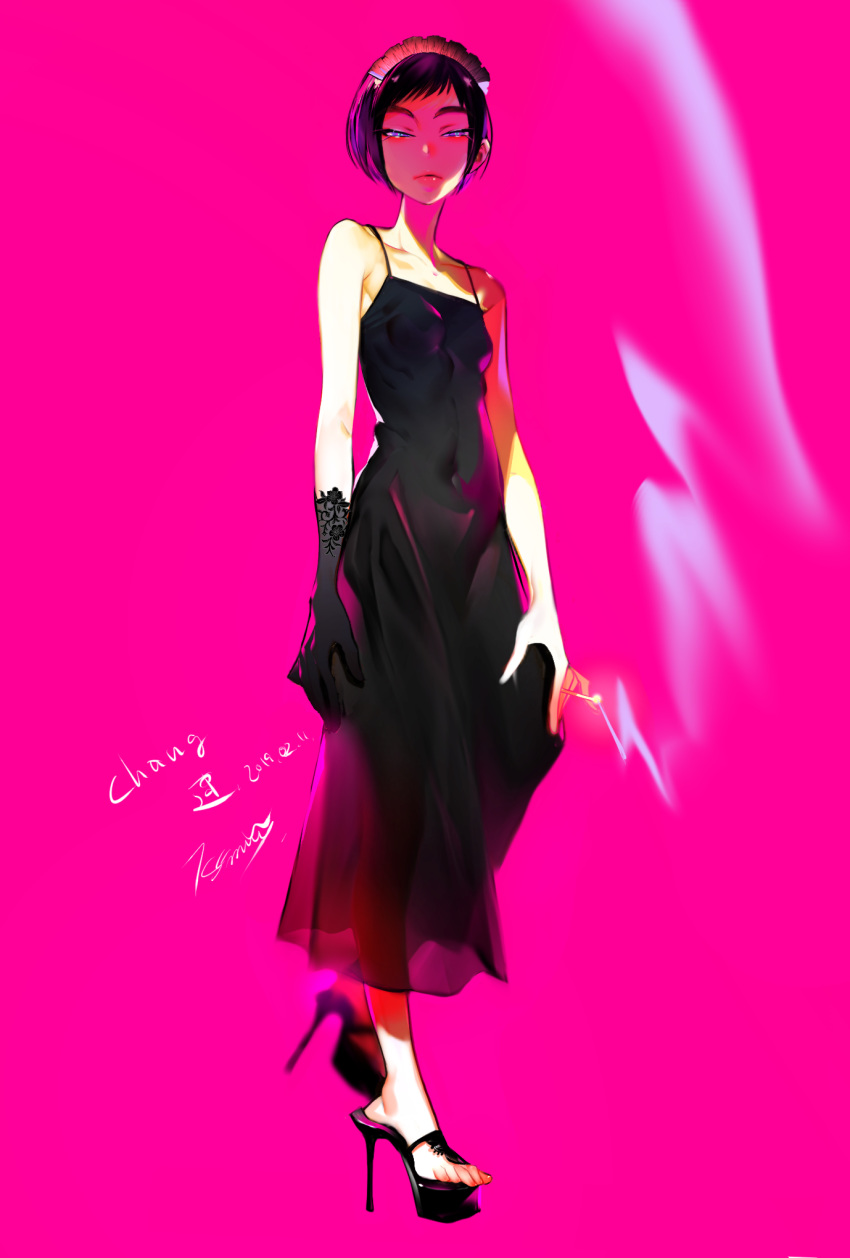 1girl bare_shoulders black_dress black_footwear black_gloves black_hair blue_eyes breasts cigarette covered_navel dress full_body gloves hairband half-closed_eyes high_heels highres looking_at_viewer nanase_miri original parted_lips pink_background short_hair simple_background single_glove sleeveless small_breasts smoke solo thick_eyebrows