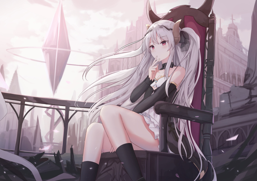 1girl bangs bare_shoulders building chair curled_horns detached_collar detached_sleeves eyebrows_visible_through_hair facing_viewer grey_hair highres horns long_hair original red_eyes sitting solo touhourh two_side_up wind