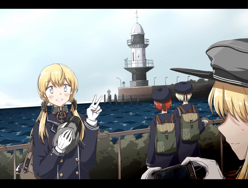 4girls any_(lucky_denver_mint) aqua_eyes backpack bag bismarck_(kantai_collection) blonde_hair blue_coat blue_sky cellphone clouds commentary_request day hat hat_removed headwear_removed highres horizon kantai_collection lighthouse long_hair low_twintails multiple_girls ocean outdoors peaked_cap phone prinz_eugen_(kantai_collection) railing scenery sky smartphone twintails v z1_leberecht_maass_(kantai_collection) z3_max_schultz_(kantai_collection)