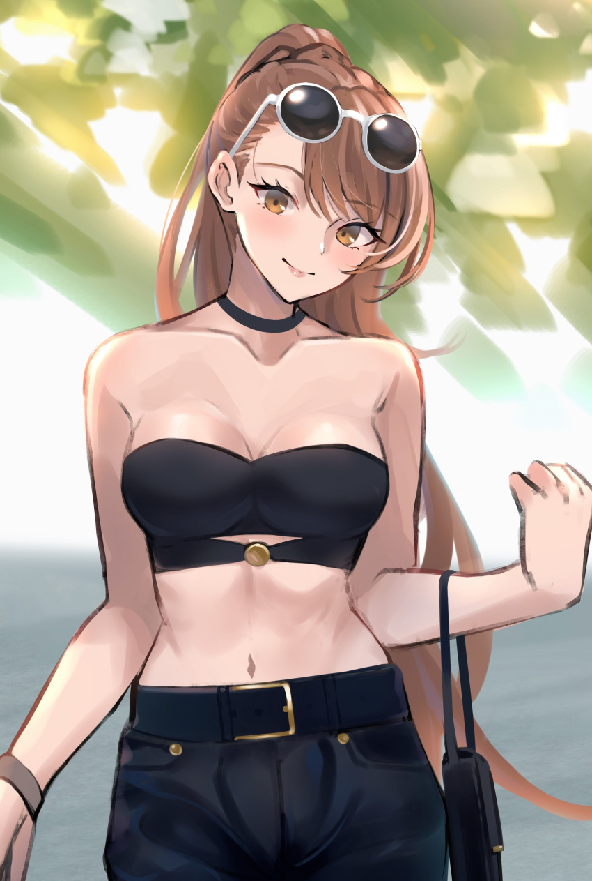 1girl absurdres bag bare_shoulders beatrix_(granblue_fantasy) belt black_choker breasts brown_eyes brown_hair choker cowboy_shot eyewear_on_head granblue_fantasy handbag highres long_hair looking_at_viewer medium_breasts midriff ponytail renzu_(lens_02) solo strapless sunglasses tubetop