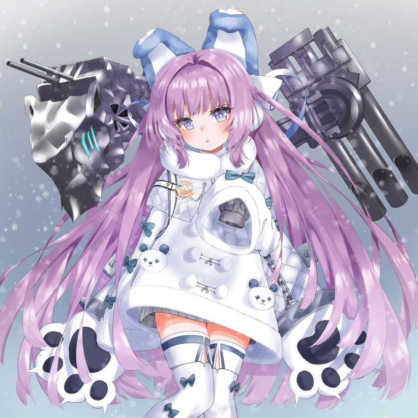 1girl absurdres animal_ears azur_lane blue_eyes blush dress earmuffs eyebrows_visible_through_hair fake_animal_ears fur_trim gloves hair_ornament highres long_hair long_sleeves looking_at_viewer machinery open_mouth paw_gloves paws pom_pom_(clothes) poppypilf purple_hair snowing solo sweater tashkent_(azur_lane) thigh-highs torpedo_tubes turret very_long_hair white_coat white_legwear wide_sleeves winter_clothes