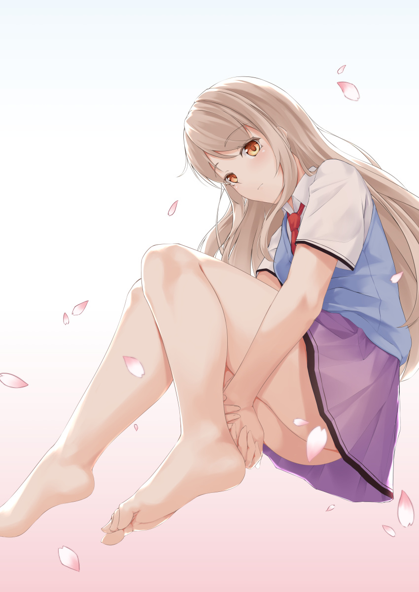 1girl absurdres ascii_media_works ass barefoot blonde_hair blue_vest blush cherry_blossoms expressionless gradient gradient_background highres j.c._staff kuudere light_(sdga5524) long_hair looking_at_viewer necktie orange_eyes purple_skirt red_neckwear sakura-sou_no_pet_na_kanojo scroll shiina_mashiro skirt solo thighs uniform vest