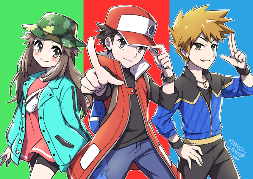1girl 2boys adjusting_clothes adjusting_hat blue_(pokemon) blush brown_eyes brown_hair hat highres jacket jewelry long_hair looking_at_viewer mono_land multiple_boys necklace ookido_green pointing pointing_at_viewer pokemon pokemon_(game) pokemon_masters red_(pokemon) smile spiky_hair