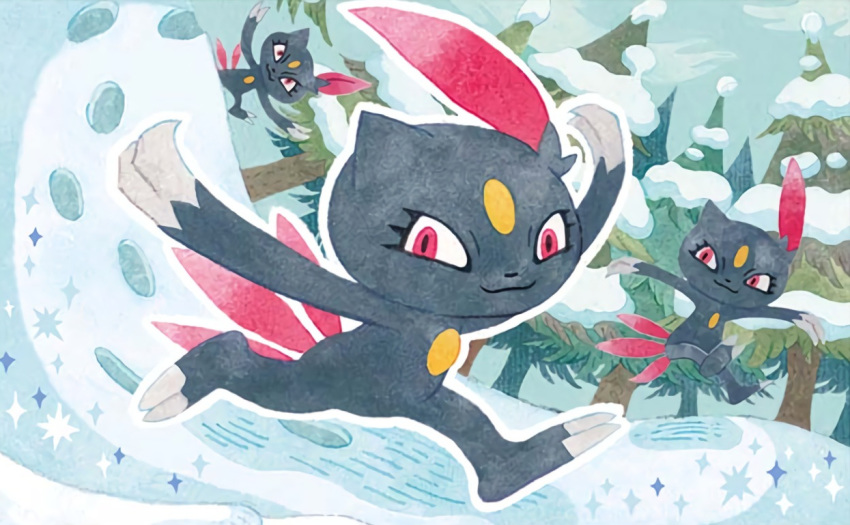 :3 claws closed_mouth creature day eyelashes full_body jumping looking_at_viewer no_humans official_art open_arms outline pine_tree pokemon pokemon_(creature) pokemon_trading_card_game running sneasel snow sparkle third-party_source tree uratsuka_ryouma white_outline