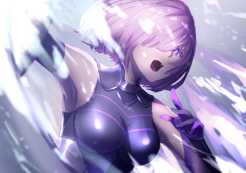 1girl absurdres armpits breasts breasts_apart elbow_gloves fate/grand_order fate_(series) gloves hair_over_one_eye highres mash_kyrielight medium_breasts open_mouth pink_hair purple_gloves shica_deer shiny shiny_hair short_hair sleeveless solo upper_body valentine violet_eyes