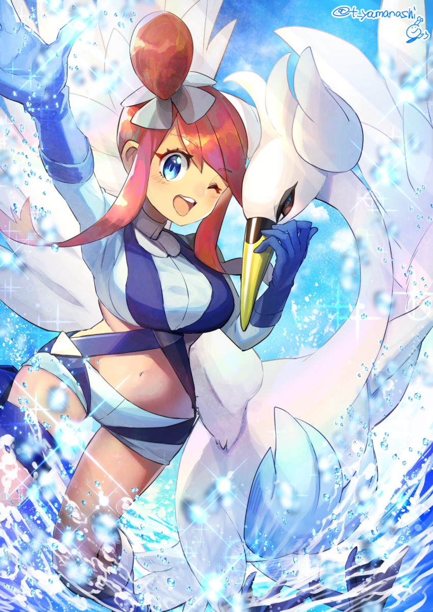 1girl ;d arm_up bangs bare_thighs belt blue_background blue_footwear blue_gloves blue_jacket blue_shorts blurry_foreground blush boots breasts commentary_request cowboy_shot crop_top cropped_jacket elbow_gloves eyebrows_visible_through_hair fuuro_(pokemon) gen_5_pokemon gloves gym_leader hair_ornament highres holster jacket knee_boots large_breasts light_rays long_sleeves looking_at_viewer midriff navel one_eye_closed one_side_up open_mouth pokemon pokemon_(creature) pokemon_(game) pokemon_bw redhead short_shorts shorts sidelocks smile solo solo_focus sparkle sunbeam sunlight swanna swept_bangs thigh_holster twitter_username upper_teeth water water_drop yamanashi_taiki