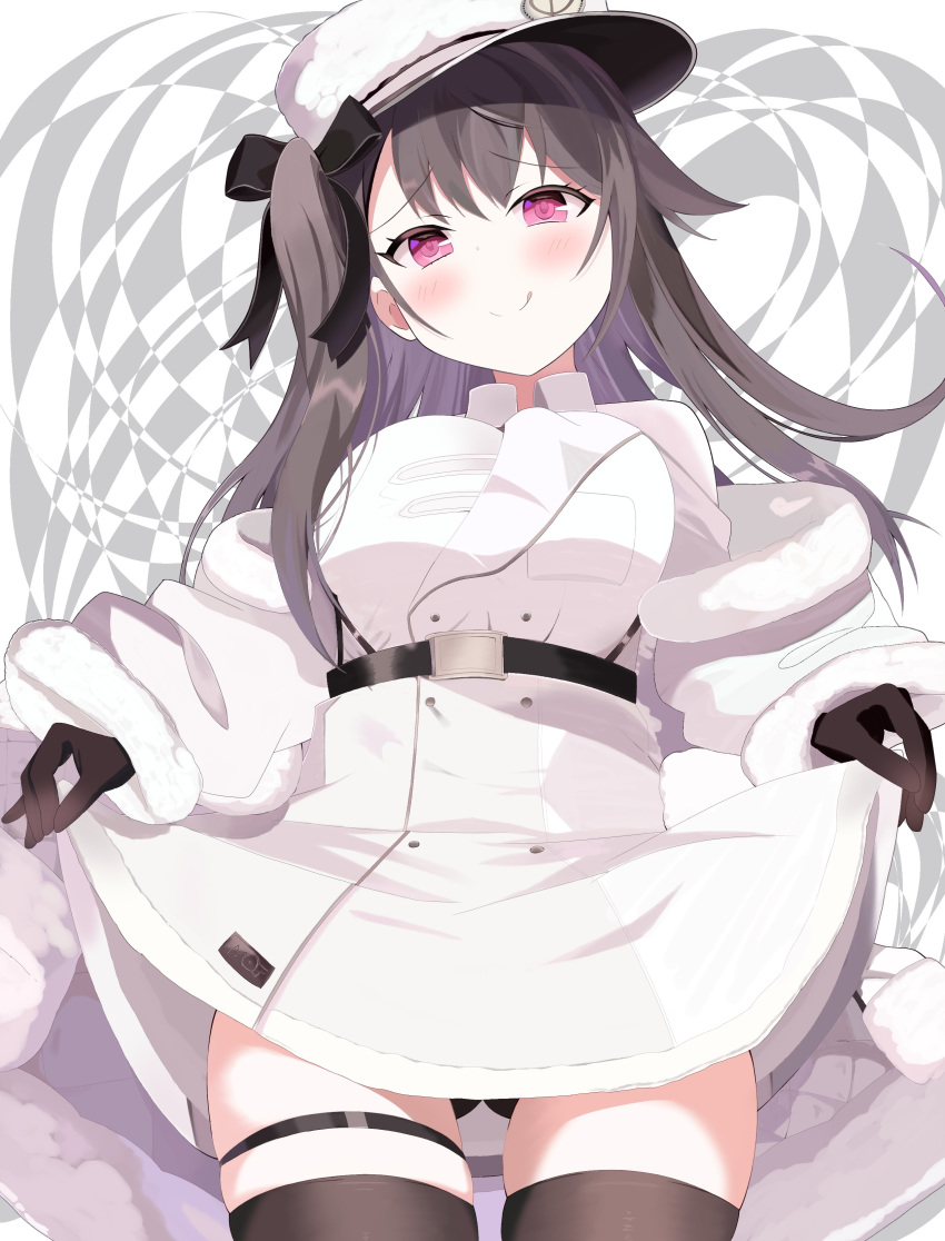 1girl absurdres azur_lane black_hair blush breasts commentary_request gloves hat highres large_breasts long_hair looking_at_viewer nochan_nel pamiat_merkuria_(azur_lane) panties pantyshot pantyshot_(standing) skirt skirt_lift smug solo standing thigh-highs underwear violet_eyes winter_clothes
