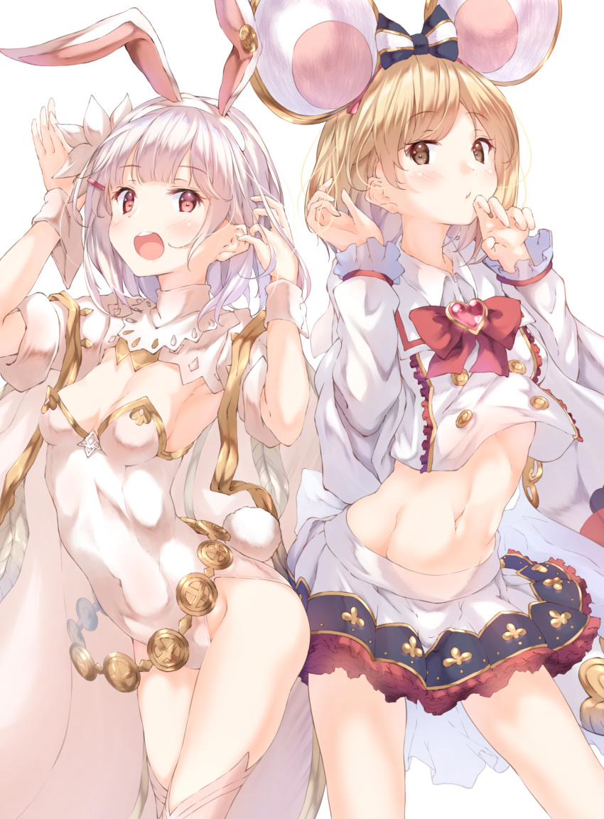 2girls absurdres alternate_costume animal_ears bangs belt blonde_hair blush breasts brown_eyes bunny_tail buttons cape cosplay costume_switch covered_navel djeeta_(granblue_fantasy) ear fake_animal_ears flower granblue_fantasy hair_flower hair_ornament hairband hairclip hands_up highleg highleg_leotard highres jewelry leotard long_sleeves looking_at_viewer midriff mouse_ears multiple_girls navel open_mouth pendant rabbit_ears red_eyes sage_(granblue_fantasy) shirt short_hair simple_background skirt small_breasts swept_bangs tail thigh-highs thighs ukiwakisen upper_body vikala_(granblue_fantasy) white_background white_cape white_hair white_legwear white_leotard white_shirt white_skirt wrist_cuffs