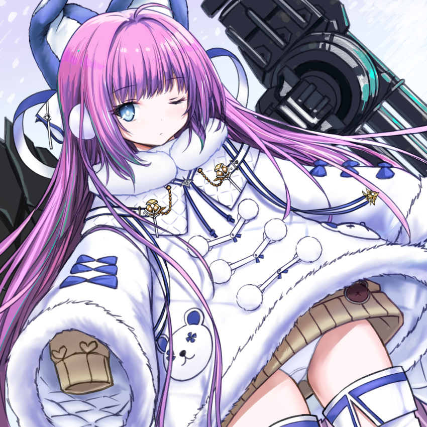 1girl animal_ears ass_visible_through_thighs azur_lane blue_eyes boots commentary_request dress duffel_coat dutch_angle earmuffs ena_tokisaka_(inadumakawaii) fake_animal_ears fur_coat highres long_hair looking_at_viewer one_eye_closed panties pantyshot pantyshot_(standing) purple_hair sleeves_past_wrists solo standing sweater sweater_dress tashkent_(azur_lane) thigh-highs thigh_boots torpedo_tubes underwear white_panties winter_clothes