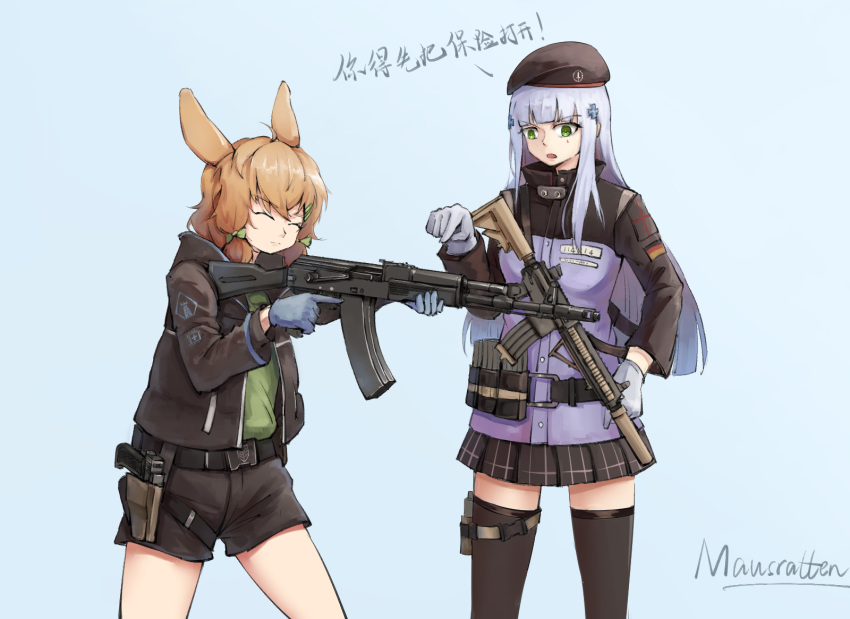 ak-74 animal_ears arknights artist_request assault_rifle beret chinese_commentary chinese_text closed_eyes commentary_request german_flag girls_frontline gloves gun h&amp;k_hk416 handgun hat highres hk416_(girls_frontline) holstered_weapon kroos_(arknights) pleated_skirt pointing rabbit_ears rifle shorts skirt suppressor thigh-highs training translation_request weapon