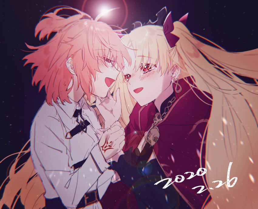 ahoge asymmetrical_sleeves bangs belt blonde_hair blush breasts cape chaldea_uniform closed_eyes command_spell crying dated detached_collar earrings ereshkigal_(fate/grand_order) fate/grand_order fate_(series) fujimaru_ritsuka_(female) gold_trim hair_between_eyes hane_(hane_0928) highres holding_hands hoop_earrings infinity jewelry long_hair long_sleeves medium_breasts necklace one_side_up open_mouth orange_hair parted_bangs red_cape red_eyes shirt short_hair skull smile tiara two_side_up white_shirt
