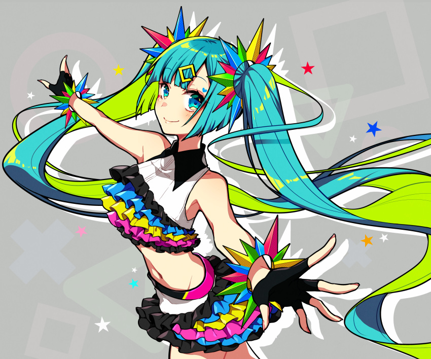 1girl aqua_eyes aqua_hair asagao_minoru bangs bare_shoulders black_gloves blunt_bangs catch_the_wave_(vocaloid) commentary cowboy_shot crop_top fingerless_gloves frilled_shirt frilled_skirt frills from_side gloves grey_background hair_ornament hairclip hatsune_miku highres layered_skirt light_blush long_hair looking_at_viewer midriff miniskirt navel outstretched_arms project_diva_(series) shirt skirt smile solo star twintails very_long_hair vocaloid wristband