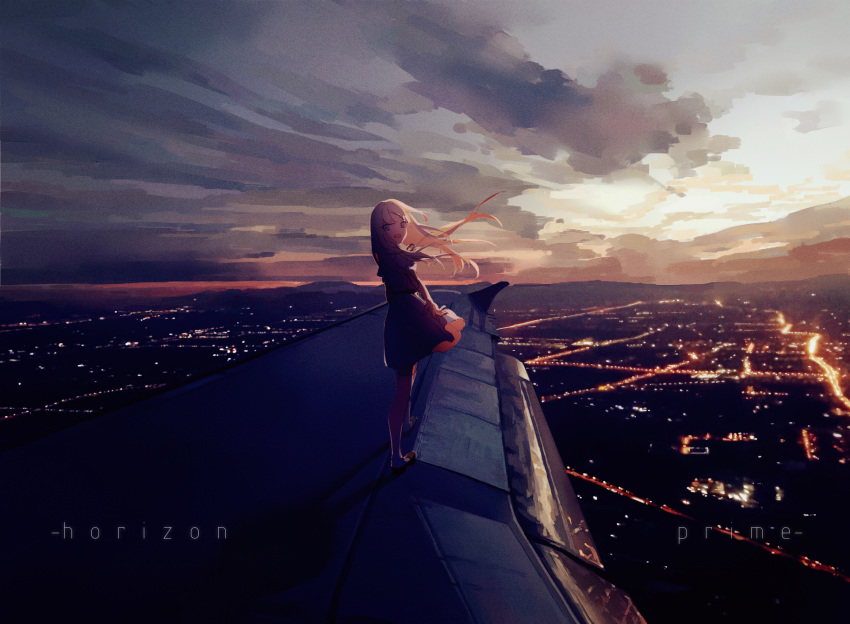 1girl aircraft airplane amulet1998 blue_eyes city_lights clouds dawn dusk floating_hair flowing_dress highres horizon lights long_hair looking_at_viewer original shoes skirt socks solo standing white_hair