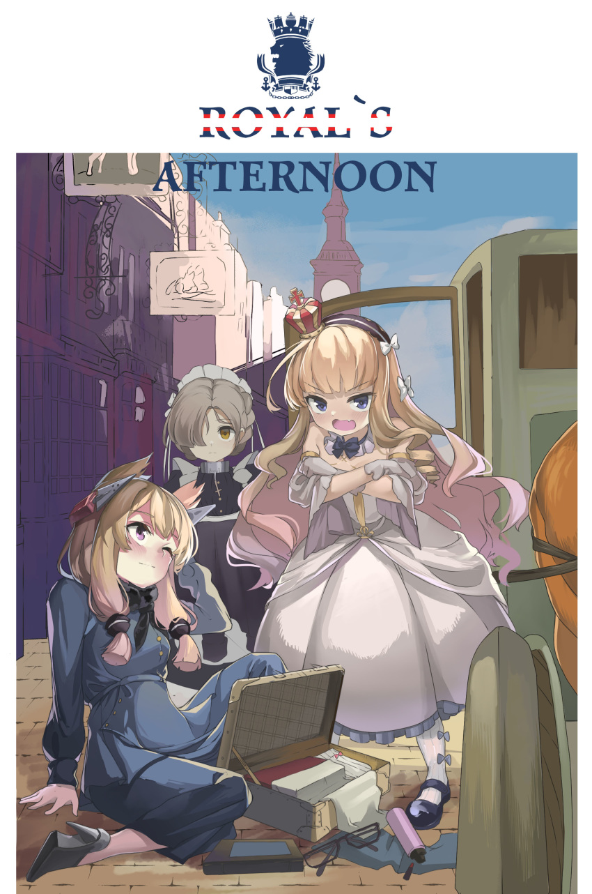 3girls absurdres azur_lane bare_shoulders black-framed_eyewear black_footwear blonde_hair blue_eyes blush book bow brown_hair building carriage closed_mouth clouds commentary crossed_arms crown day dress drill_hair english_commentary english_text eyebrows_visible_through_hair fang glasses gloves hair_bow hair_over_one_eye hairband high_heels highres light_smile lipstick_tube long_hair looking_at_another looking_at_viewer maid maid_headdress mary_janes mini_crown multiple_girls on_ground open_mouth outdoors queen_elizabeth_(azur_lane) sakurami_sumi sheffield_(azur_lane) shoes sidelocks sitting sky standing suitcase v-shaped_eyebrows very_long_hair violet_eyes warspite_(azur_lane) white_bow white_dress white_gloves white_legwear