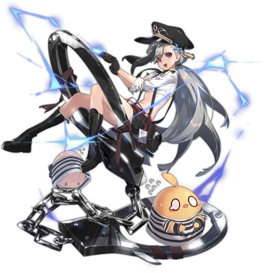 1girl :d azur_lane belt bird black_footwear black_gloves black_headwear black_shorts boots chain chick crop_top cuffs full_body gloves grey_hair hair_ornament handcuffs hat highres holding id_card knee_boots long_hair looking_at_viewer low_ponytail manjuu_(azur_lane) midriff minsk_(azur_lane) multicolored_hair navel necktie official_art open_mouth oversized_object peaked_cap prison_clothes shirt shisantian short_shorts shorts smile solo stomach streaked_hair suspenders taser thighs transparent_background uniform very_long_hair violet_eyes white_shirt