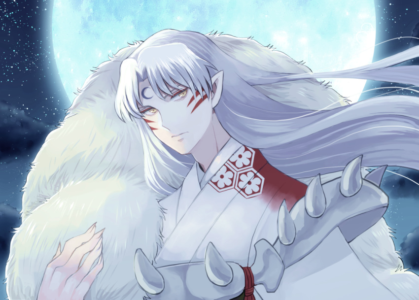 1boy ayatoshi closed_mouth facial_mark floating_hair full_moon hair_intakes inuyasha japanese_clothes kimono long_hair looking_at_viewer male_focus moon night night_sky pointy_ears sesshoumaru silver_hair sky solo star_(sky) starry_sky upper_body very_long_hair white_kimono yellow_eyes