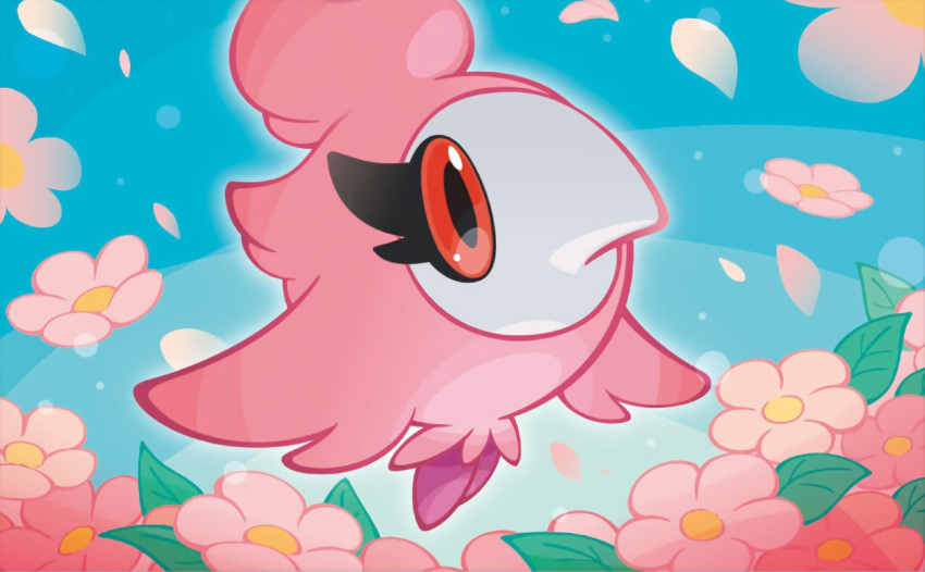 blue_background creature eyelashes flower full_body gen_6_pokemon mahou no_humans official_art pink_theme pokemon pokemon_(creature) pokemon_trading_card_game red_eyes simple_background solo spritzee third-party_source