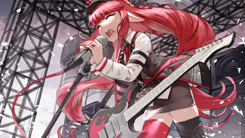 1girl aoi_tsunami arknights black_skirt braid closed_eyes collared_shirt commentary cowboy_shot electric_guitar fangs guitar highres instrument long_hair long_sleeves microphone microphone_stand miniskirt mismatched_legwear music nail_polish necktie open_mouth plectrum pointy_ears redhead shirt sidelocks singing skirt solo sweat thigh-highs very_long_hair vigna_(arknights) white_shirt