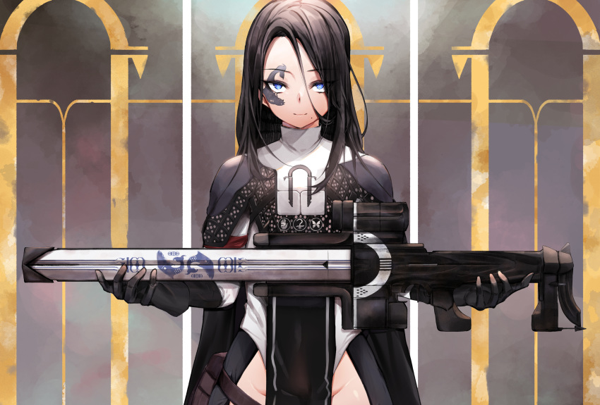 1girl absurdres ada-1 black_hair blue_eyes chickenvomit destiny_(game) facial_tattoo gun highres holding holding_weapon huge_filesize long_hair pelvic_curtain personification pouch rifle sniper_rifle strap tattoo weapon