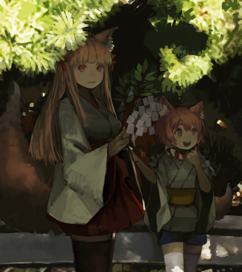 2girls animal_ears bangs check_character commentary_request cowboy_shot height_difference highres holding long_hair long_sleeves looking_at_viewer miniskirt multiple_girls orange_eyes orange_hair oshiro_project_re outdoors plant sara_manta senko_(oshiro_project) shade short_hair short_shorts shorts skirt smile standing tail thigh-highs tsubasa_(oshiro_project) wide_sleeves