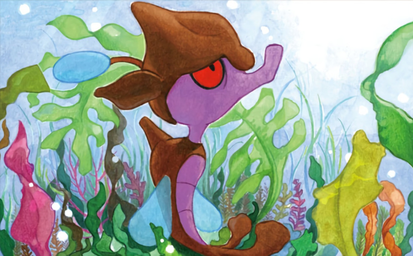 creature day from_side full_body gen_6_pokemon nakai_mina no_humans official_art pokemon pokemon_(creature) pokemon_trading_card_game profile red_eyes seaweed skrelp solo sunlight third-party_source underwater water