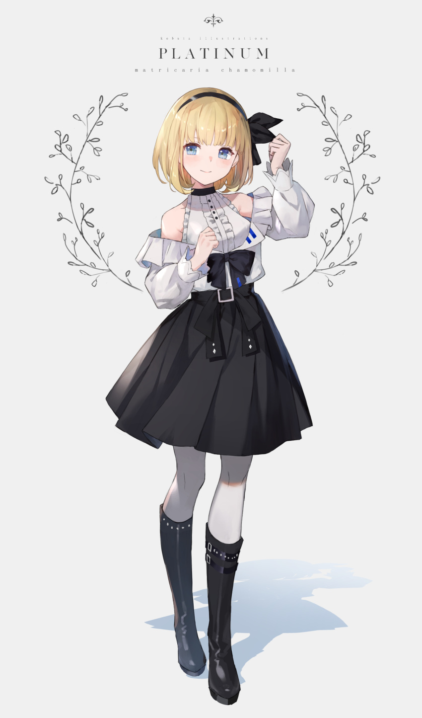 1girl absurdres bare_shoulders belt black_ribbon blonde_hair blue_eyes blush bob_cut boots detached_sleeves dress english_text frills hair_ribbon highres kobuta original pantyhose ribbon shadow short_hair skirt strapless strapless_dress white_legwear