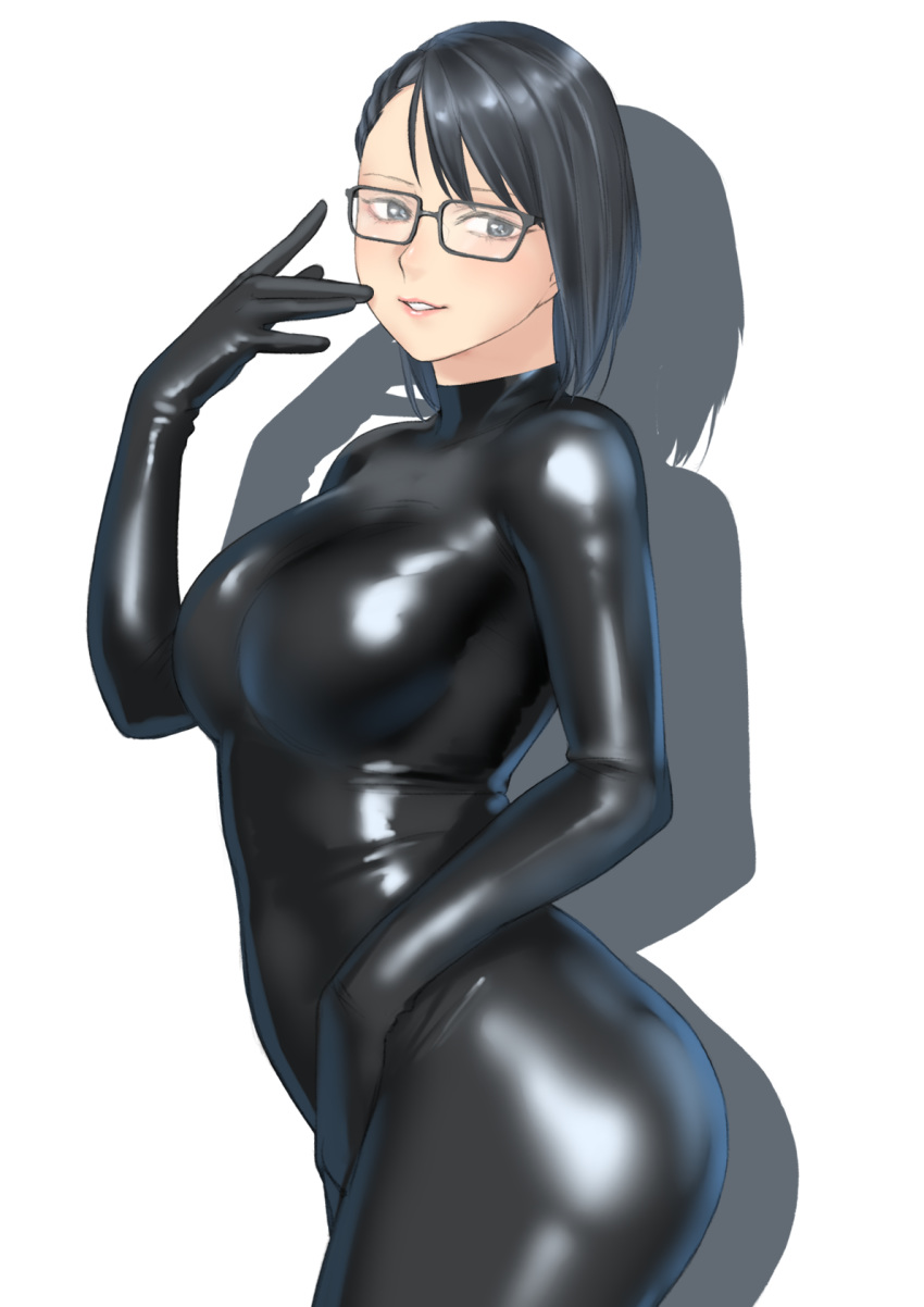 1girl black_hair blush bodysuit breasts eyebrows_visible_through_hair glasses grey_eyes highres kilye_4421 latex_bodysuit looking_at_viewer medium_breasts original shadow short_hair simple_background skin_tight smile solo white_background