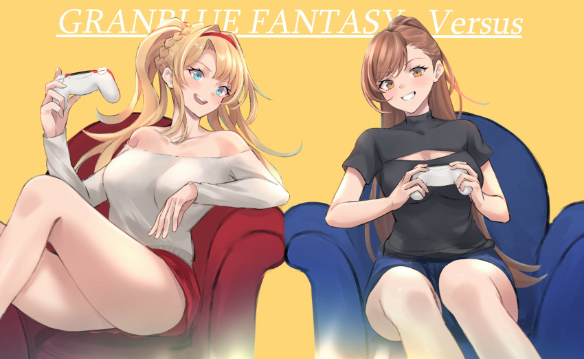 2girls absurdres bangs bare_shoulders beatrix_(granblue_fantasy) black_shirt blonde_hair blue_eyes blue_shorts blush breasts brown_eyes brown_hair cleavage_cutout collarbone controller copyright_name couch dualshock game_controller gamepad granblue_fantasy grin highres large_breasts long_hair long_sleeves looking_at_viewer multiple_girls off-shoulder_shirt off_shoulder open_mouth playstation_controller ponytail red_shorts renzu_(lens_02) shirt short_sleeves shorts simple_background sitting smile swept_bangs thighs white_shirt yellow_background zeta_(granblue_fantasy)