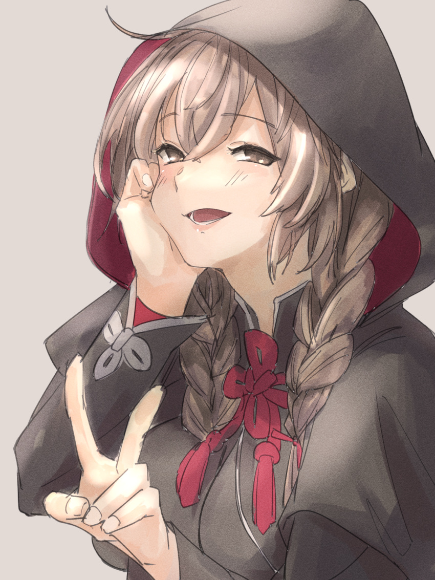 1girl ailiner7060 black_capelet black_dress braid breasts brown_hair capelet dress grey_background highres hood hood_up hooded_capelet kantai_collection large_breasts long_hair shinshuu_maru_(kantai_collection) simple_background smile solo teeth twin_braids upper_body