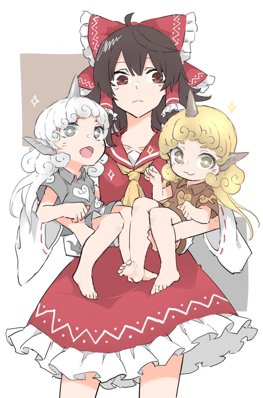 3girls :3 animal_ears barefoot black_hair blonde_hair brown_eyes carrying cloud_print collared_shirt curly_hair dual_persona gold grey_eyes hair_ribbon hair_tubes hakurei_reimu highres horn jeffree07 kariyushi_shirt komano_aun long_hair long_sleeves multiple_girls ribbon shirt short_sleeves shorts silver_hair simple_background skirt smile touhou yellow_eyes yellow_ribbon