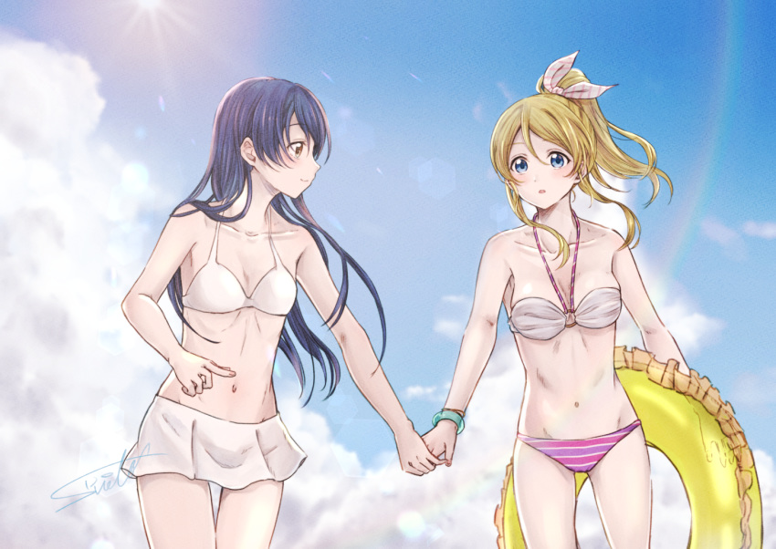 2girls ayase_eli bikini blonde_hair blue_eyes blue_hair blush commentary_request cowboy_shot holding_hands innertube long_hair looking_at_another love_live! love_live!_school_idol_project multiple_girls ponytail smile sonoda_umi suito swimsuit white_bikini yellow_eyes