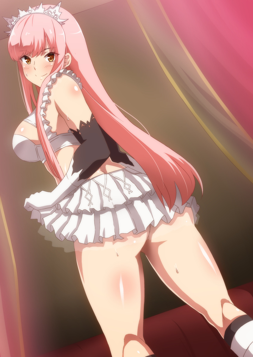 1girl ass bangs bare_shoulders blush boots bra breasts closed_mouth crop_top elbow_gloves fate/grand_order fate_(series) female_ass gloves hera_(hara0742) highres knee_boots large_breasts long_hair looking_at_viewer looking_back medb_(fate)_(all) medb_(fate/grand_order) pink_hair skirt skirt_lift smile sweat thighs tiara underwear white_bra white_footwear white_gloves white_skirt yellow_eyes