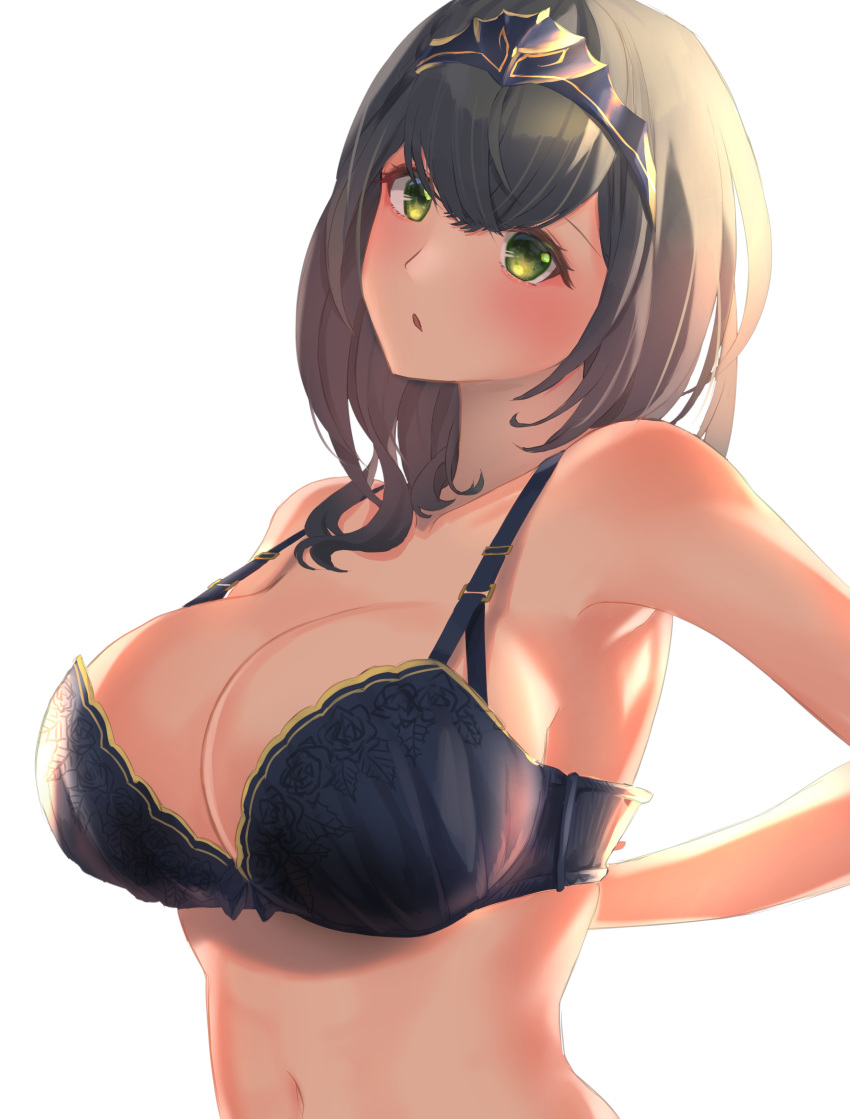 1girl :o absurdres adjusting_bra adjusting_clothes alternate_costume armpits bare_shoulders bra breasts circlet green_eyes grey_hair highres hololive large_breasts looking_at_viewer navel rocoroco1115 shirogane_noel solo underwear upper_body virtual_youtuber white_background