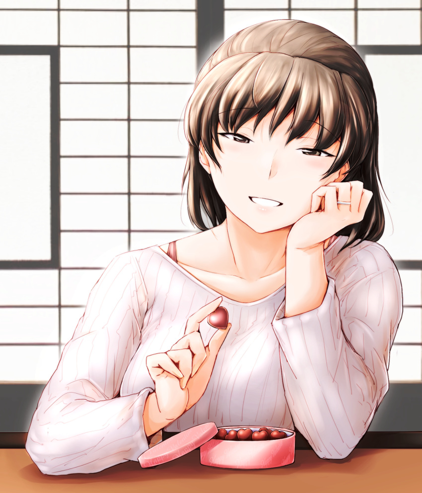 1girl amagami box_of_chocolates brown_eyes brown_hair candy chocolate chocolate_heart food grin heart highres indoors jewelry looking_at_viewer medium_hair ribbed_sweater ring sasaki_akira_(ugc) sitting smile solo sweater table tsukahara_hibiki upper_body valentine