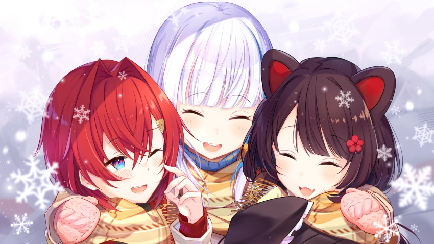 3girls :d ;d ^_^ ange_katrina animal_ears bangs black_hair black_kimono blue_eyes blush brat brown_scarf closed_eyes commentary_request dog_ears eyebrows_visible_through_hair flower fringe_trim hair_between_eyes hair_flower hair_intakes hair_ornament hand_on_another's_shoulder highres inui_toko japanese_clothes kimono lize_helesta long_sleeves mittens multiple_girls nijisanji one_eye_closed open_mouth pink_mittens plaid plaid_scarf red_flower redhead scarf silver_hair sleeves_past_fingers sleeves_past_wrists smile snowflakes upper_body upper_teeth virtual_youtuber