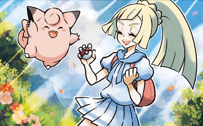 :d ^_^ backpack bag bangs blonde_hair blue_sky clefairy closed_eyes creature day eyelashes facing_another facing_viewer fang flat_chest flower gen_1_pokemon grass happy holding holding_poke_ball ibe_mana jumping lillie_(pokemon) official_art open_mouth outdoors pleated_skirt poke_ball poke_ball_(generic) pokemon pokemon_(creature) pokemon_(game) pokemon_trading_card_game pokemon_usum ponytail shirt sidelocks skirt sky smile standing sunlight white_shirt white_skirt