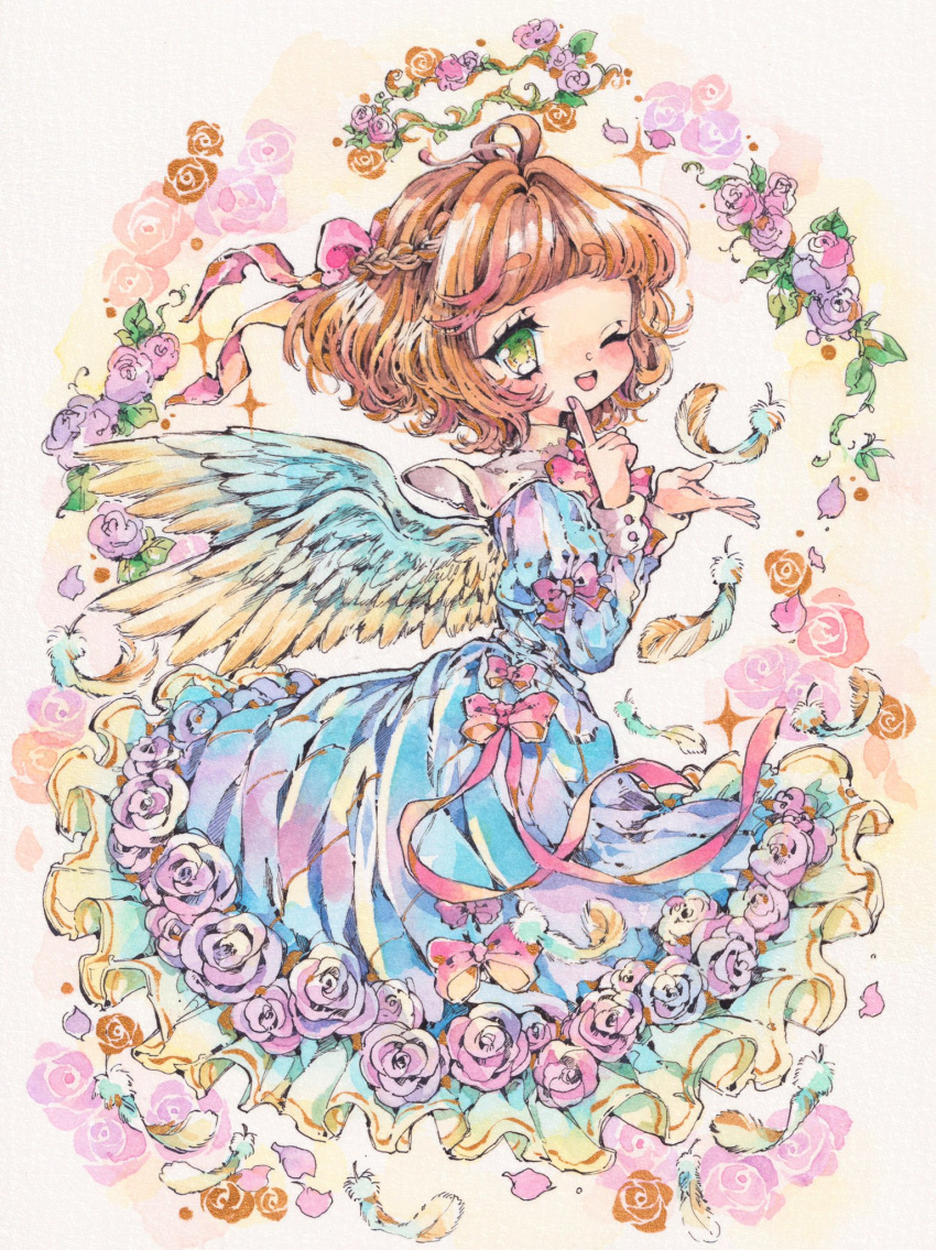 1girl ;d bangs blue_dress blunt_bangs bow braid brown_hair commentary_request dress dress_flower feathered_wings feathers floral_background flower from_side green_eyes hair_ribbon hands_up highres index_finger_raised juliet_sleeves long_sleeves looking_at_viewer natuki1016 one_eye_closed open_mouth original petals pink_bow pink_flower pink_ribbon pink_rose puffy_sleeves ribbon rose round_teeth short_hair smile solo teeth traditional_media watercolor_(medium) wings