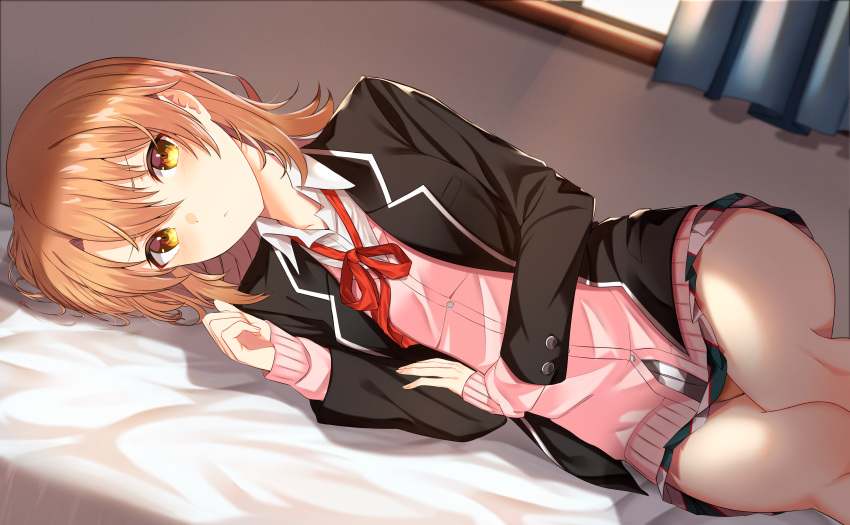 1girl absurdres bed_sheet bedroom black_jacket blazer brown_hair closed_mouth collared_shirt dress_shirt highres indoors isshiki_iroha jacket jun_(540000000000000) long_sleeves looking_at_viewer lying medium_hair miniskirt neck_ribbon on_side open_blazer open_clothes open_jacket pink_cardigan pleated_skirt red_ribbon ribbon school_uniform shiny shiny_hair shirt skirt solo white_shirt wing_collar yahari_ore_no_seishun_lovecome_wa_machigatteiru. yellow_eyes