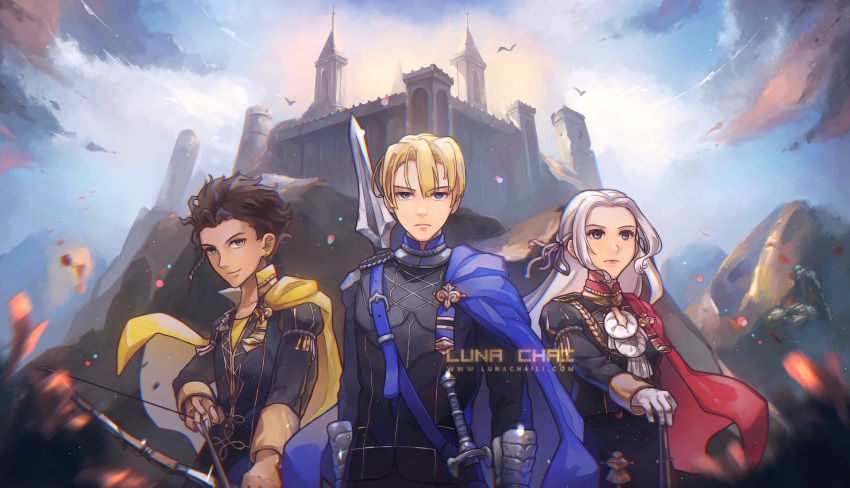 1girl 2boys arrow artist_name blonde_hair blue_cape blue_eyes blue_sky bow_(weapon) braid brown_hair cape castle claude_von_riegan closed_mouth clouds dark_skin dark_skinned_male dimitri_alexandre_blaiddyd earrings edelgard_von_hresvelg fire_emblem fire_emblem:_three_houses garreg_mach_monastery_uniform gloves green_eyes hair_ribbon highres holding holding_arrow holding_bow_(weapon) holding_weapon jewelry long_hair long_sleeves lunachaili multiple_boys outdoors polearm red_cape ribbon short_hair single_braid sky uniform upper_body violet_eyes watermark weapon web_address white_gloves white_hair yellow_cape