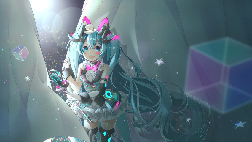 1girl aqua_eyes aqua_hair asagao_minoru asymmetrical_sleeves audience bare_shoulders black_sleeves bow bowtie circus commentary cowboy_shot cube curtains detached_sleeves dress framed_breasts frilled_dress frills gloves hair_ornament hand_up hat hatsune_miku highres holding holding_wand huge_filesize long_hair looking_at_viewer magical_mirai_(vocaloid) microphone microphone_wand mini_hat mini_top_hat mismatched_legwear neck_ruff neon_lights neon_trim open_mouth shirt shoulder_tattoo sidelighting sleeveless sleeveless_shirt smile solo spotlight star tattoo thigh-highs top_hat twintails very_long_hair vocaloid wand white_gloves white_headwear wrist_cuffs zettai_ryouiki