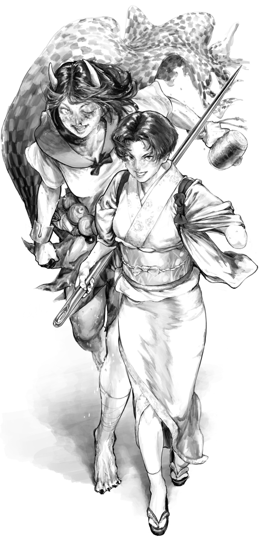 2girls absurdres amputee bandaged_leg bandages barefoot behind_another blood commentary_request cuffs fangs full_body greyscale grin height_difference highres holding holding_needle holding_weapon horns japanese_clothes kijin_seija kimono lips looking_at_viewer medium_hair miracle_mallet missing_limb monochrome multiple_girls needle needle_sword nosebleed obi one_eye_closed open_mouth r_birdy sash shackles sharp_toenails shirt short_hair skirt smile socks sukuna_shinmyoumaru sweat toenails touhou walking weapon
