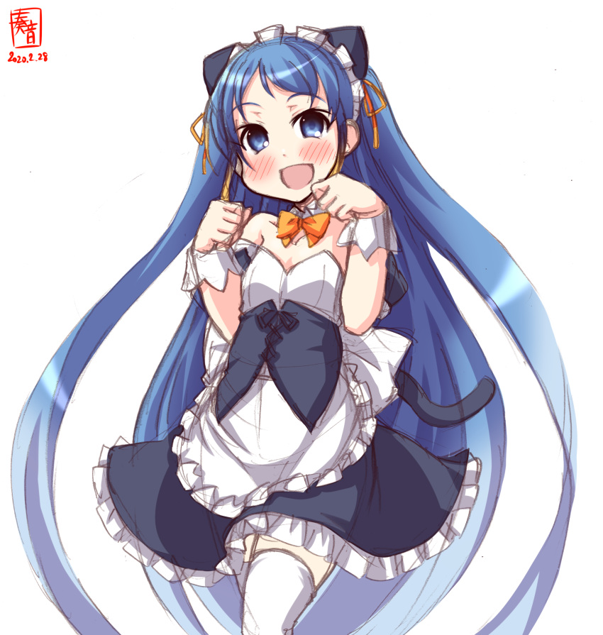 1girl alternate_costume animal_ears apron blue_eyes blue_hair blush bow cat_ears cat_tail dress eyebrows_visible_through_hair frills highres kanon_(kurogane_knights) kantai_collection long_hair looking_at_viewer maid maid_apron maid_headdress open_mouth paw_pose ribbon samidare_(kantai_collection) simple_background smile solo tail very_long_hair white_background