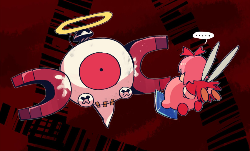 ... 1girl abstract_background cosplay dress fairy fairy_wings fake_halo highres kirby kirby_(series) kirby_64 looking_at_another magnemite paint pink_hair pokemon rariatto_(ganguri) red_background red_dress red_eyes red_ribbon ribbon ribbon_(kirby) spoken_ellipsis tape wings zero_two_(kirby) zero_two_(kirby)_(cosplay)