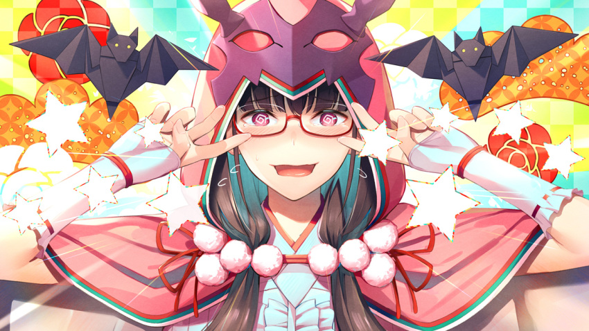 1girl @_@ bad_id bad_twitter_id bangs bat black_hair blush breasts checkered checkered_background cloak detached_sleeves double_v emotional_engine_-_full_drive fate/grand_order fate_(series) flying_sweatdrops glasses green_background hands_up hood hooded_cloak large_breasts long_hair looking_at_viewer low_twintails open_mouth origami osakabe-hime_(fate/grand_order) parody pink_cloak red-framed_eyewear smile solo star tearing_up twintails umihotaru_harumare v very_long_hair violet_eyes wavy_mouth yellow_background