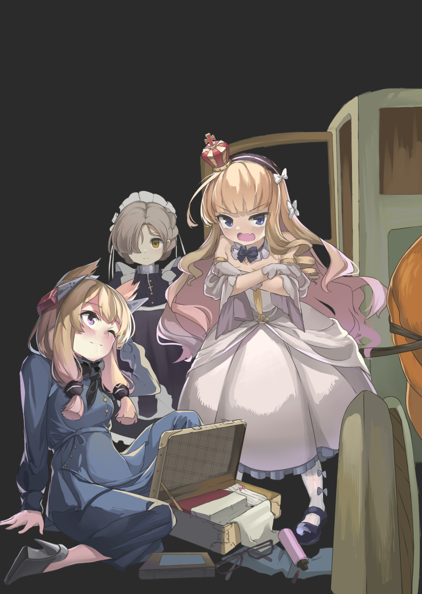 3girls absurdres azur_lane bare_shoulders black-framed_eyewear black_background black_footwear blonde_hair blue_eyes blush book bow brown_hair carriage closed_mouth crossed_arms crown dress drill_hair eyebrows_visible_through_hair fang glasses gloves hair_bow hair_over_one_eye hairband high_heels highres light_smile lipstick_tube long_hair looking_at_another looking_at_viewer maid maid_headdress mary_janes mini_crown multiple_girls open_mouth queen_elizabeth_(azur_lane) sakurami_sumi sheffield_(azur_lane) shoes sidelocks simple_background sitting standing suitcase v-shaped_eyebrows very_long_hair violet_eyes warspite_(azur_lane) white_bow white_dress white_gloves white_legwear
