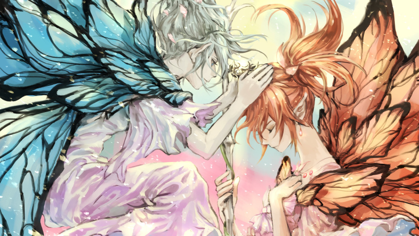 2girls absurdres blue_eyes closed_eyes closed_mouth danyburnsall dress earrings fairy fairy_wings final_fantasy final_fantasy_xiv hand_on_own_chest highres holding holding_staff jewelry multiple_girls necklace open_eyes orange_hair pointy_ears single_earring staff tiara twintails white_hair wings