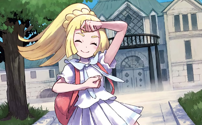 ^_^ backpack bag bangs blonde_hair blue_sky blush castle closed_eyes day door facing_viewer flat_chest grass happy kodama_(artist) lillie_(pokemon) no_humans official_art outdoors pokemon pokemon_(game) pokemon_trading_card_game pokemon_usum ponytail shirt sidelocks skirt sky solo standing third-party_source tree white_shirt white_skirt window