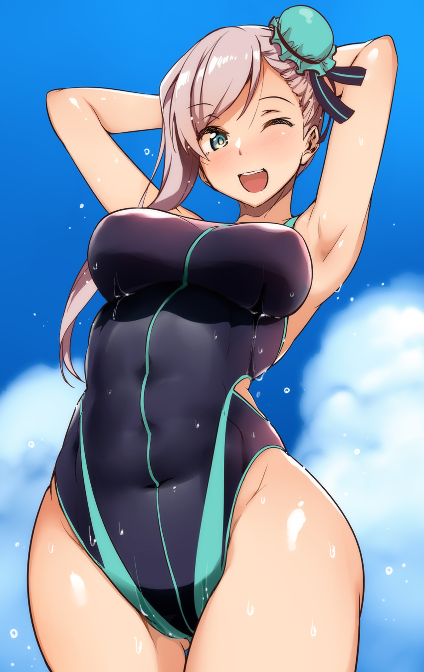 1girl aqua_eyes armpits arms_behind_head arms_up ass_visible_through_thighs asymmetrical_hair bangs bare_shoulders black_ribbon black_swimsuit blue_sky blush breasts bun_cover clouds commentary competition_swimsuit covered_navel cowboy_shot day dripping eyebrows_visible_through_hair fate/grand_order fate_(series) frills from_below groin hair_ribbon happy highleg highleg_swimsuit highres hip_focus large_breasts legs_together long_hair looking_at_viewer looking_down miyamoto_musashi_(fate/grand_order) miyamoto_musashi_(swimsuit_berserker)_(fate) one-piece_swimsuit one_eye_closed open_mouth outdoors ribbon shiny shiny_hair shiny_skin side_bun side_cutout sidelocks silver_hair single_sidelock sky smile solo standing swept_bangs swimsuit thighs tokiwa_midori_(kyokutou_funamushi) upper_teeth water_drop wet