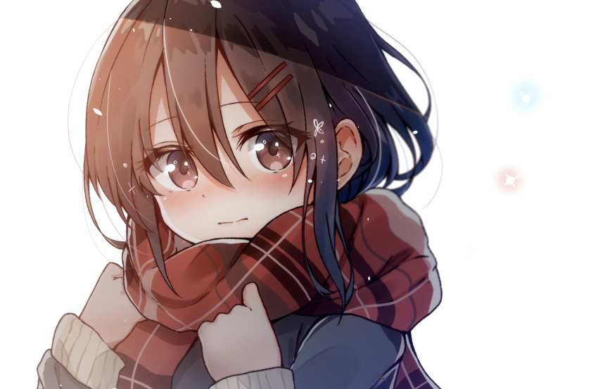 1girl bangs black_jacket blush brown_eyes brown_hair closed_mouth commentary_request enpera eyebrows_visible_through_hair hair_between_eyes hair_ornament hairclip hands_up highres himemiya_shuang jacket long_sleeves looking_at_viewer original plaid plaid_scarf red_scarf scarf sleeves_past_wrists solo white_background